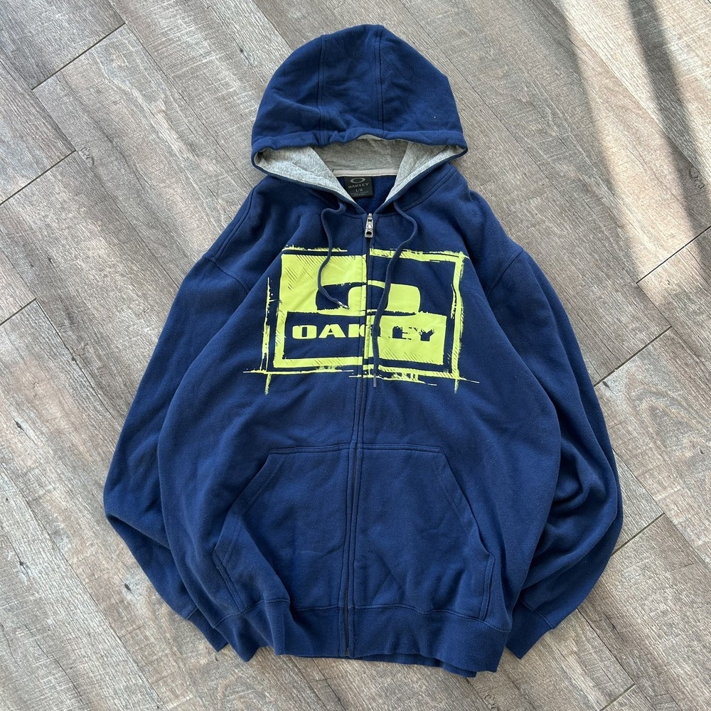 Mens Zip Up Oakley Spell Out Fleece Hoodie Blue Y2K, Size Large Gorp Core Tech